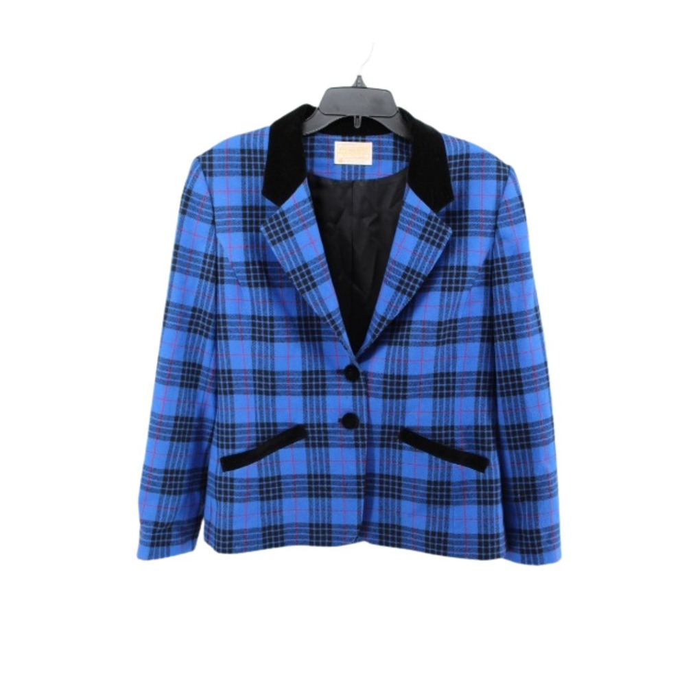 Pendleton‎ Wool Blazer Women's 12 Blue Plaid Vintage Velvet Trim Preppy Jacket